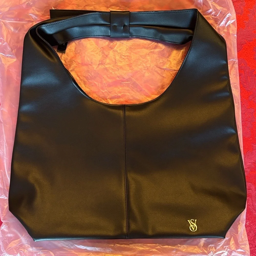Brand New Victoria's Secret Black Faux Leather Hobo Slouchy Shoulder Bag Bow